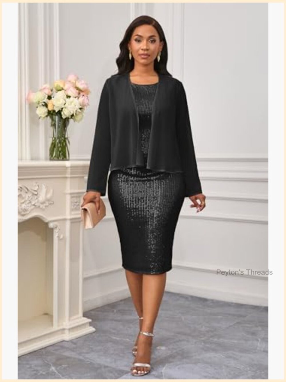 Two Piece Sequin Bodycon Midi Dress with Chiffon Jacket - Picture 4 of 7